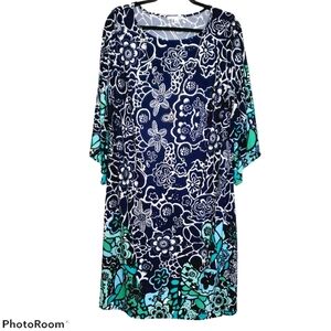 Notations NWT Plus Size Wide Neck Midi Length 3/4 Sleeve Dress Blue Green 376
